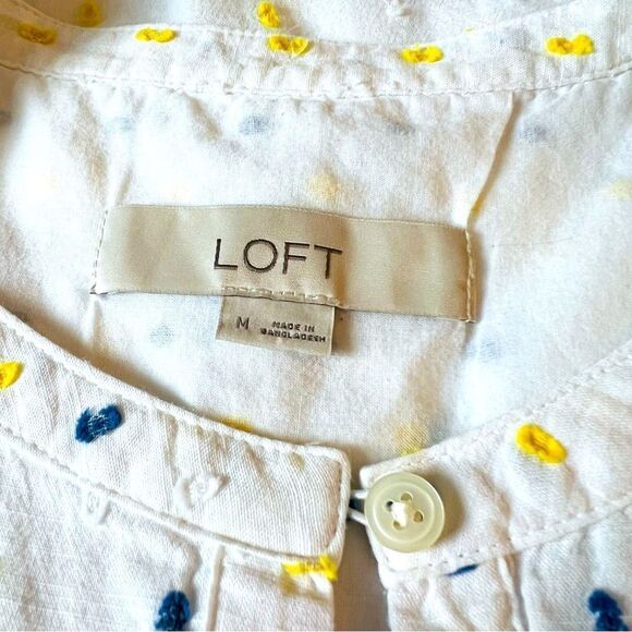 Loft Top Blouse White Blue Yellow Cotton Embroidered Size M - Picture 4 of 5